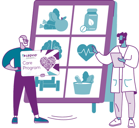 LEQVIO� Care Program illustration of doctor giving patient helpful information to lower bad cholesterol.